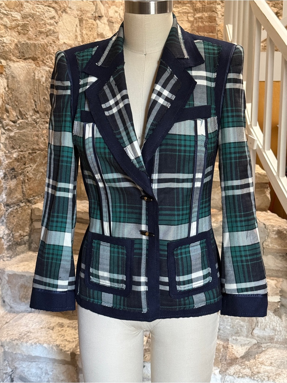 Escada Green & Navy Plaid Tailored Blazer